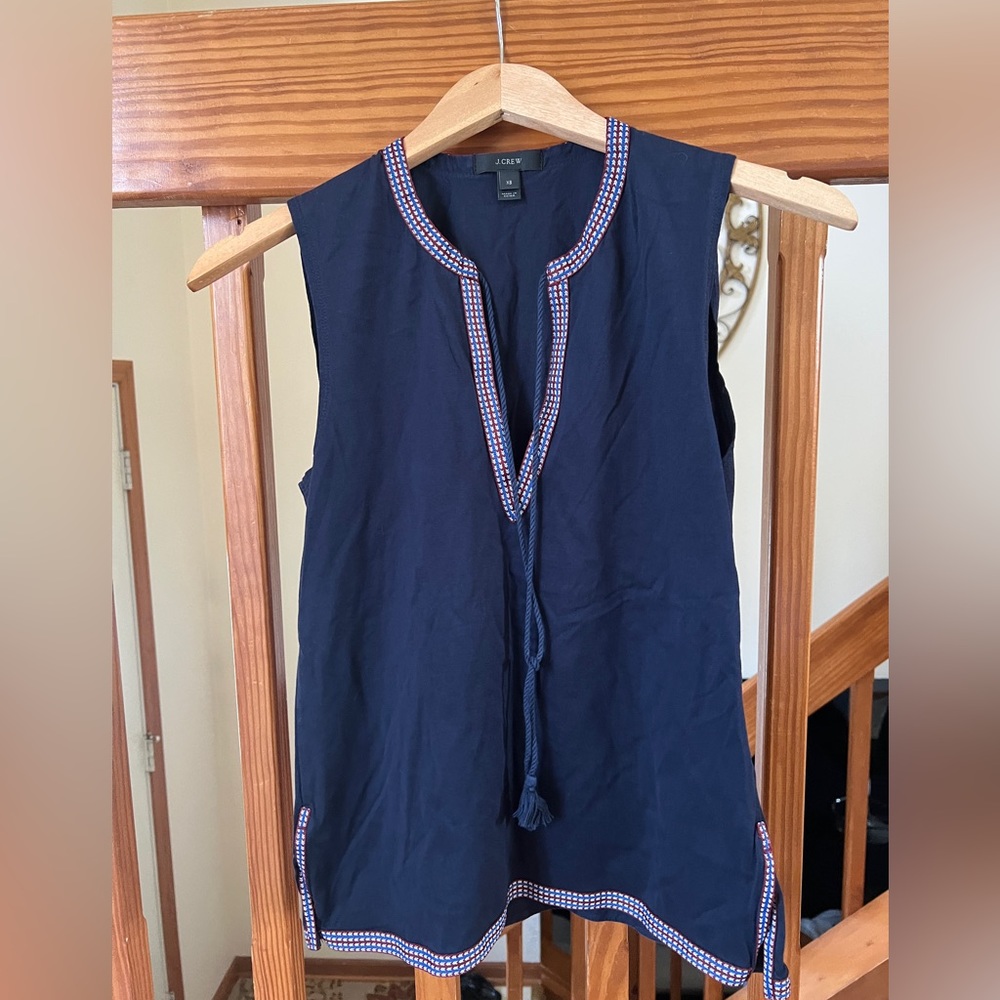 J. Crew Navy sleeveless tunic with red and white piping.